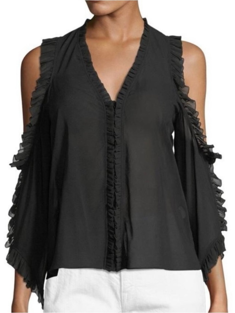 Alice + Olivia Claudette Black Silk Ruffle Cold Shoulder Top XS